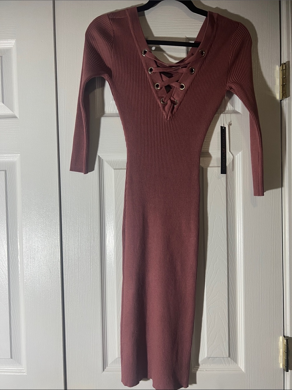 Almost Famous Ribbed Lace-Up Midi Dress in Dusty Rose